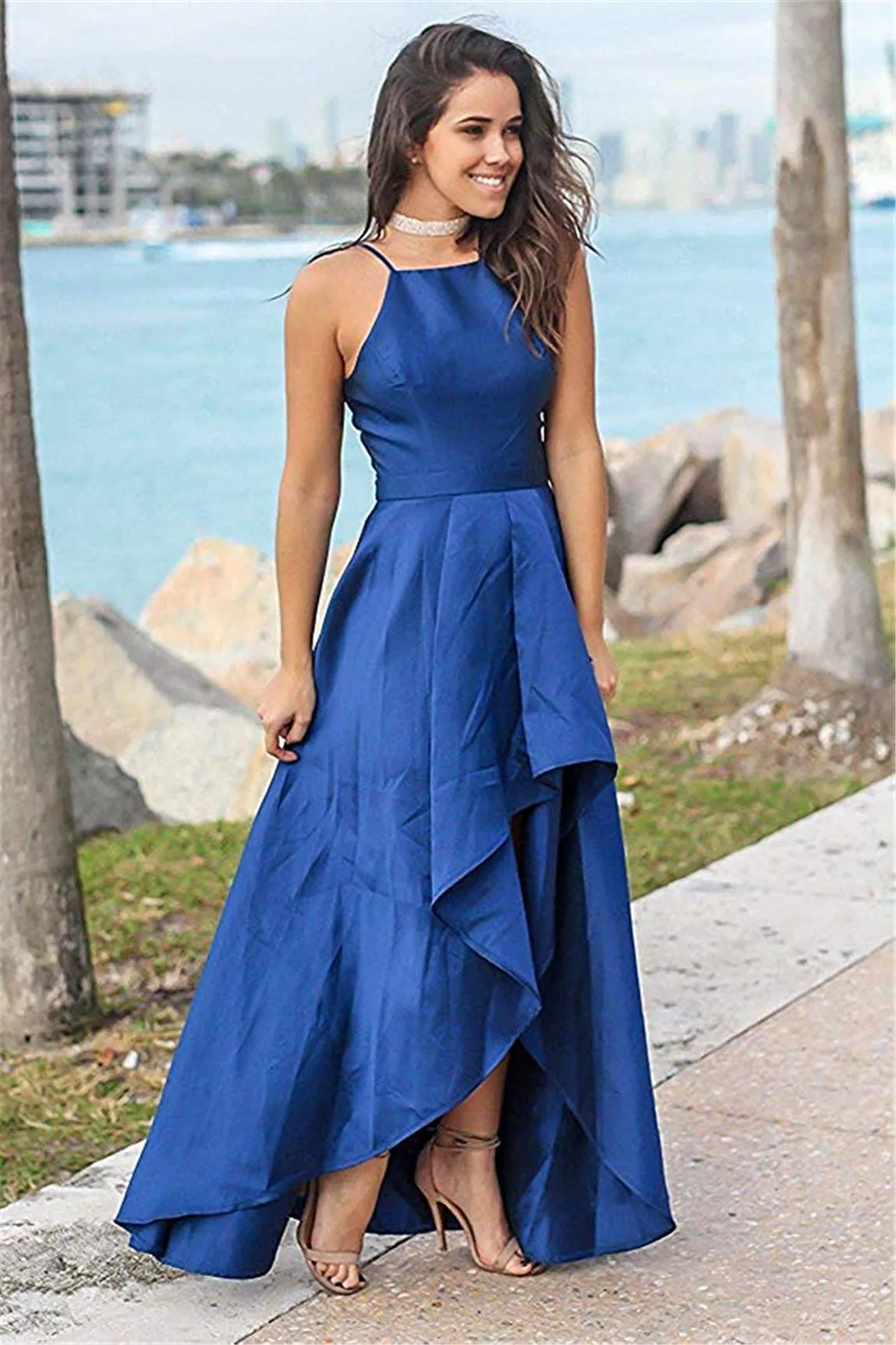 

Women's Halter High Low Prom Dresses 2020 Satin Formal Evening Dress vestidos de cctel